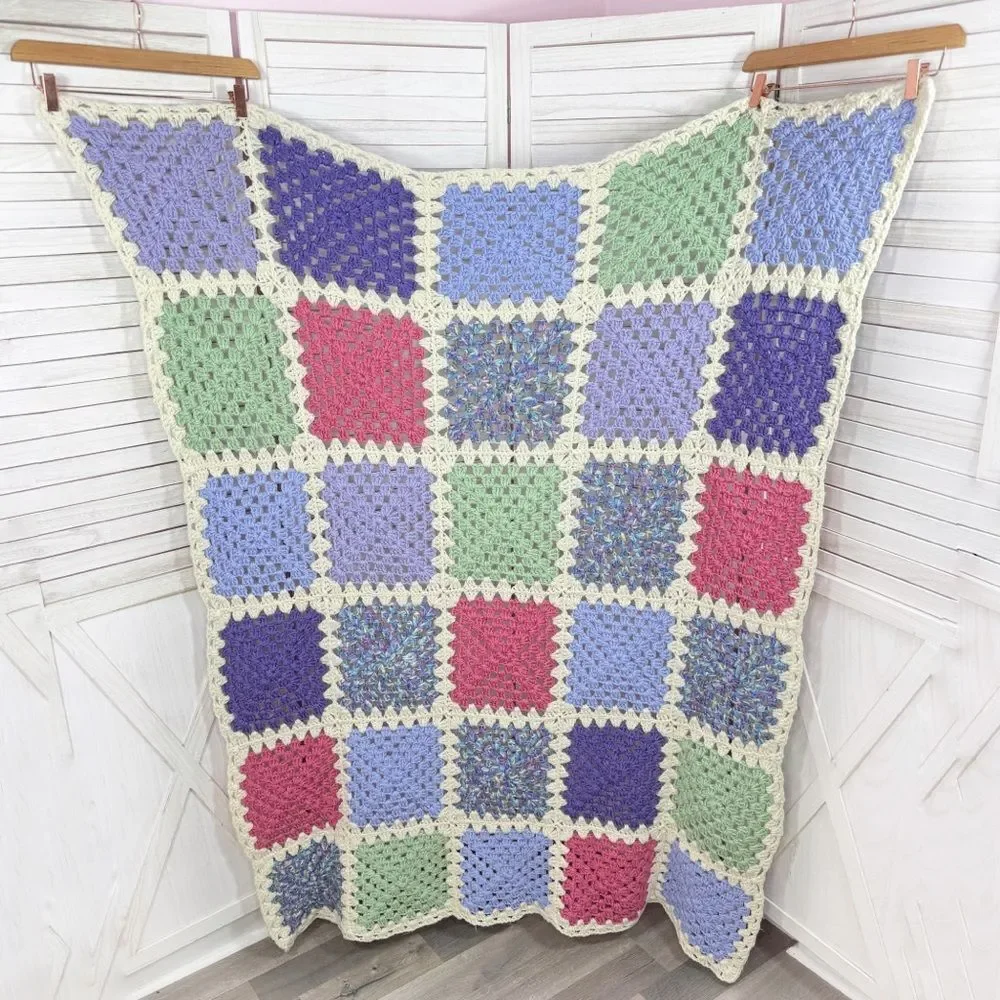 Handmade Granny Square Crochet Afghan Blanket White Multicolor Pink Purple Green
